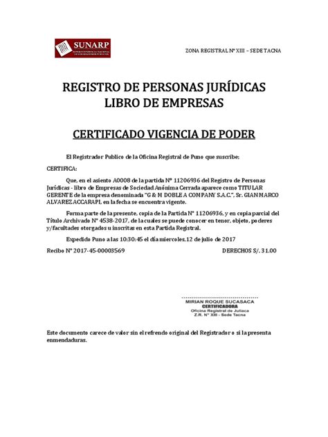 13 Certificado De Vigencia De Poder Sunarp
