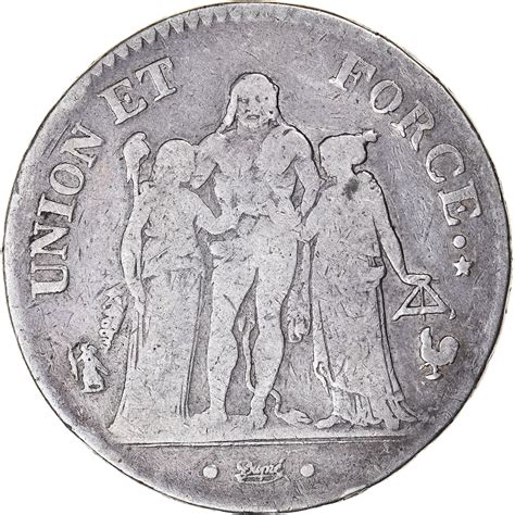 Coin France Union Et Force 5 Francs An 7 Paris Silver