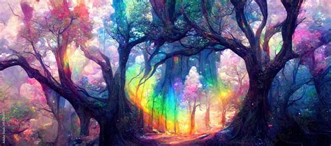 Fantasy Forest With Rainbow Fantasy Scenery Stock イラスト Adobe Stock