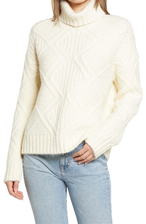 Caslon Chunky Cable Knit Turtleneck Sweater In Ivory Pristine Modesens
