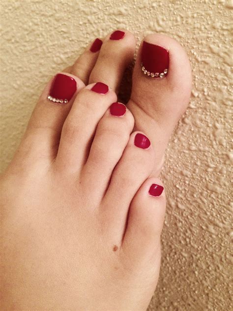 Deep Red Toes With Little Rhinestones On The Big Toes Red Wedding Nails Toe Nail Designs