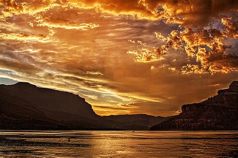 Heavenly Gold Water Mountains Sunset Reflection Clouds Sky