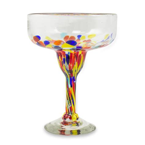Set Of 5 Multicolor Hand Blown Glass Margarita Glasses Confetti Festival Novica