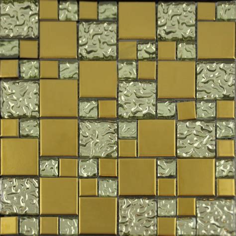 Gold Porcelain And Glass Mosaic Square Tile Designs Plated Ceramic