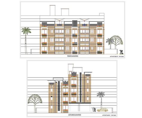 Front And Left Side Elevation Of Apartment Building With Presentation Autocad File Cadbull