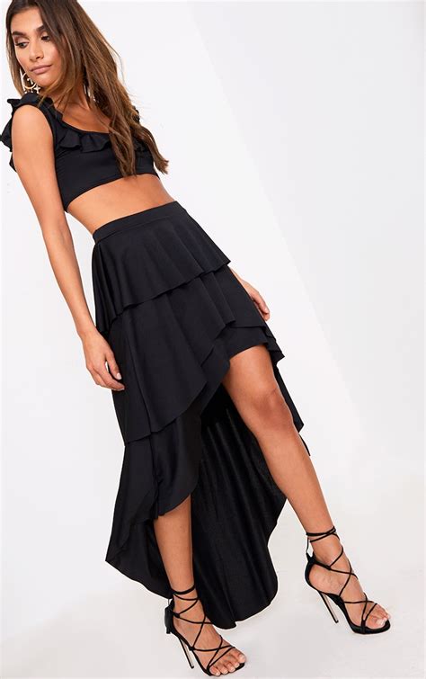 Black High Low Tiered Maxi Skirt Skirts Prettylittlething
