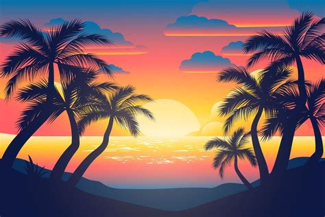 Colorful Sunset And Palm Silhouettes Poster Download Free Vectors
