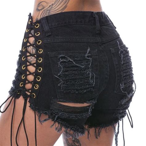 Normov Denim Shorts Jeans Women Sexy Ripped Hole Solid Black Lace Up Casual Pocket Jeans Shorts