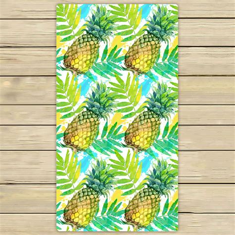 Phfzk Tropical Beach Towel Watercolor Painted Green Pineapples And