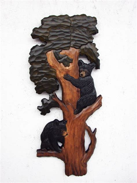 Intarsia Wood Carved Bear Cubs In Pine Tree Wall Picture Moose R Us