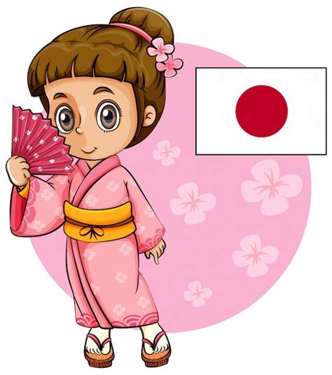 Japanese Girl In Pink Kimono And Japan Flag Vector Free Download