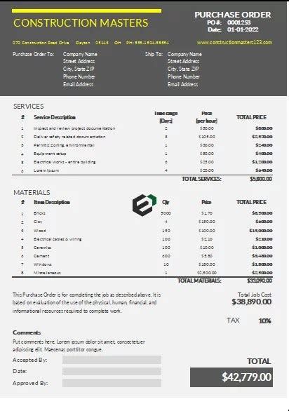 Download Free Construction Purchase Order Template