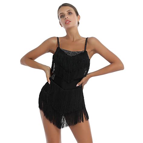 Cheap Women Latin Dance Dress Dancer Performance Costume Tassel Fringed Leotard Dresses Ballroom