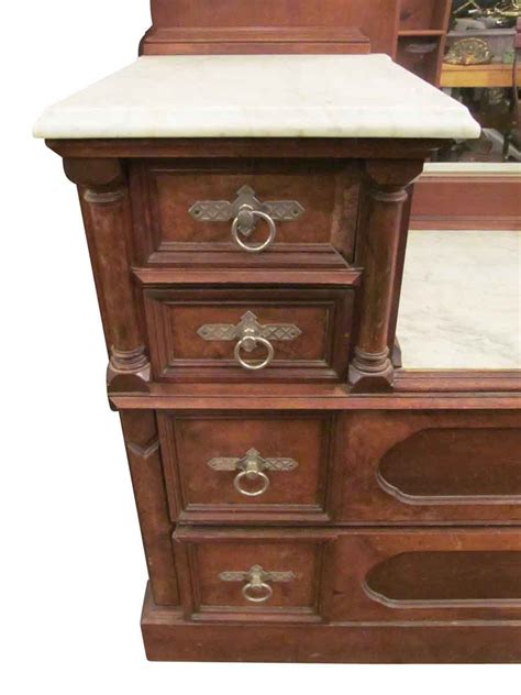Eastlake Carved Walnut Marble Top Vanity Dresser Olde