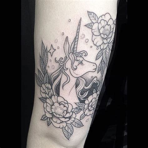 Unicorn Tattoo With Peony Flowers
