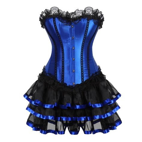 women s burlesque corsets dress with skirt costumes vintage floral lace up blue corset bustier