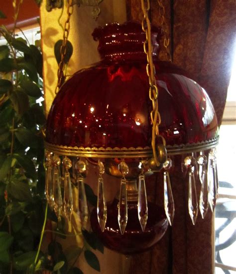 Red Ruby Glass Hanging Parlour Lamp With 32 Crystal Prisms