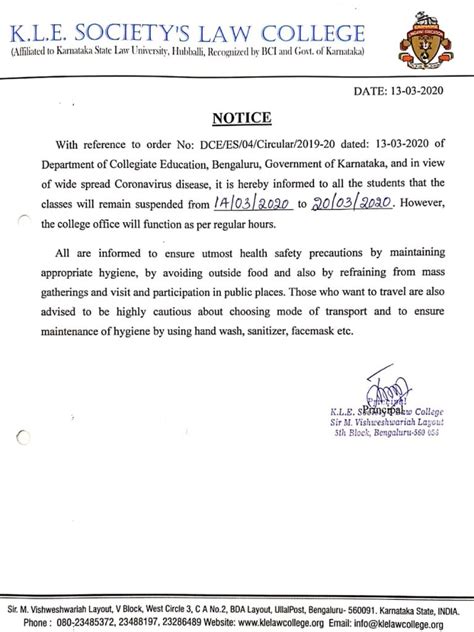 Suspension Of Classes Till 20 March 2020 Kle Societys Law College