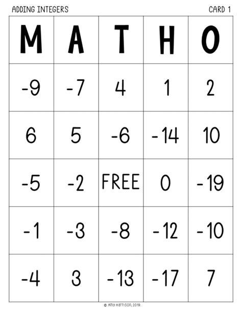 My Math Resources Adding Integers Matho Bingo Game