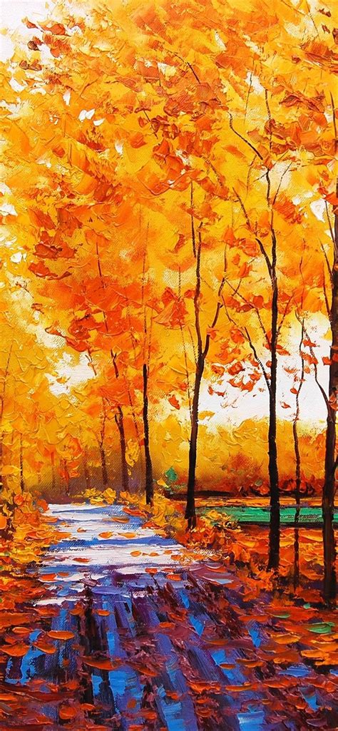 Wallpaper Art Watercolor Autumn Red Maple Forest With Forest Path