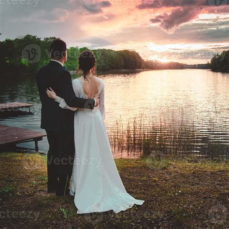 Back View Caucasian Wedding Couple Stand Together On Viewpoint Enjoy