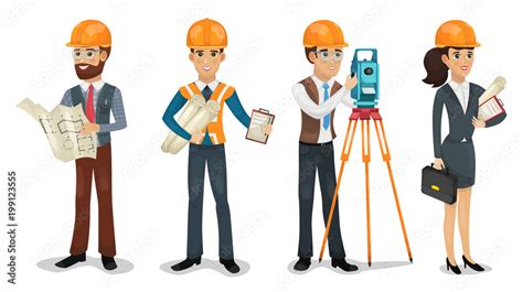 Set Of Cartoon Characters Civil Engineer Surveyor Architect And