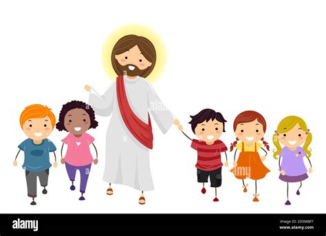 Illustration Of Stickman Kids Walking Forward With Jesus Christ Stock