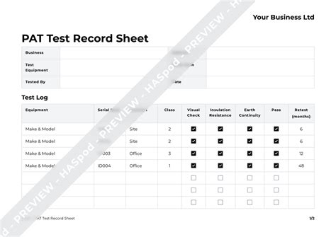 PAT Test Record Sheet Form Template - HASpod