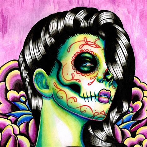 Day Of The Dead Pin Up Girl With Sugar Skull Signed Art Print Etsy