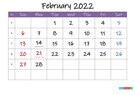February 2022 Calendar With Holidays Printable Template Ink22m50