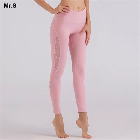 Mesh Panel Side Yoga Pants High Waist Skinny Pink Yoga Leggings Tummy Control Fitness Exercise
