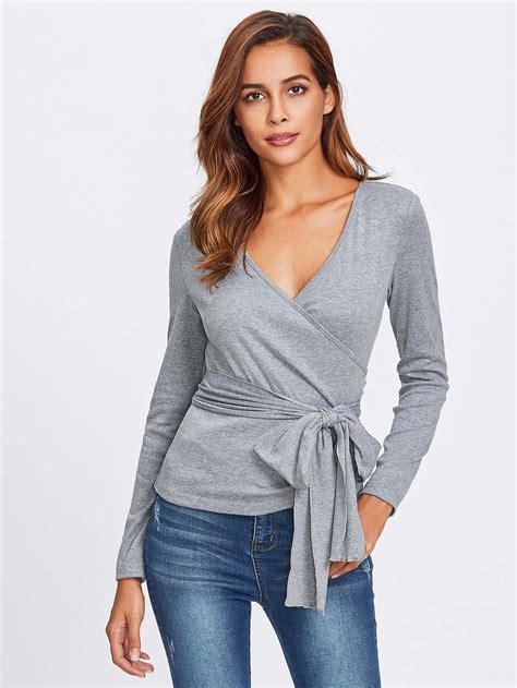Surplice Wrap Heathered Knit Top -SheIn(Sheinside)