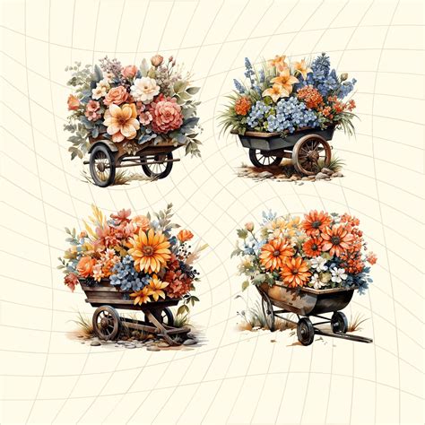 31 Watercolor Floral Wheelbarrows And Flower Cart Clipart Etsy