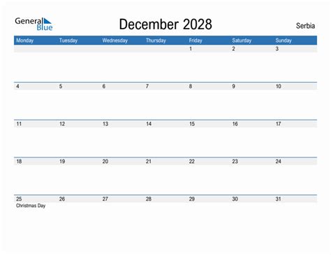 Editable December 2028 Calendar With Serbia Holidays
