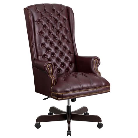 High Back Traditional Fully Tufted Burgundy Leather Executive Swivel