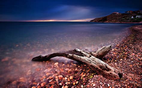 Nature Sea Wood Stones Sunset Clouds Beach Pebbles Coast Calm Evening Driftwood Log