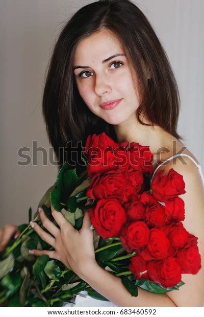 Woman Big Bouquet Red Roses Portrait Stock Photo 683460592 Shutterstock