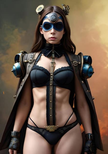 Premium AI Image Steampunk Woman In Black Lingerie And Helmet Portrait Of A Beautiful