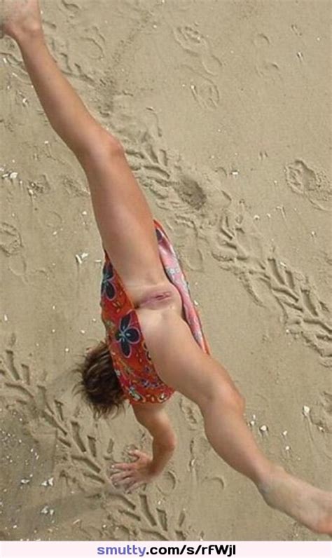 Upskirt Nonnude Handstand Beach Sand Pussy Shaved