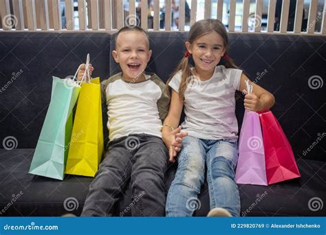 Two Cute Preschool Children Shoping In Mall Stock Image Image Of