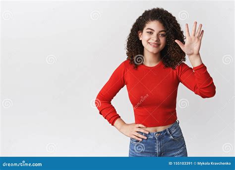 Girl Saying Goodbye Waving Palm Bye Gesture Smiling Friendly Hold Arm Waist Confident Relaxed