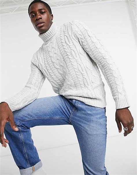 asos design heavyweight cable knit roll neck sweater in ice gray asos