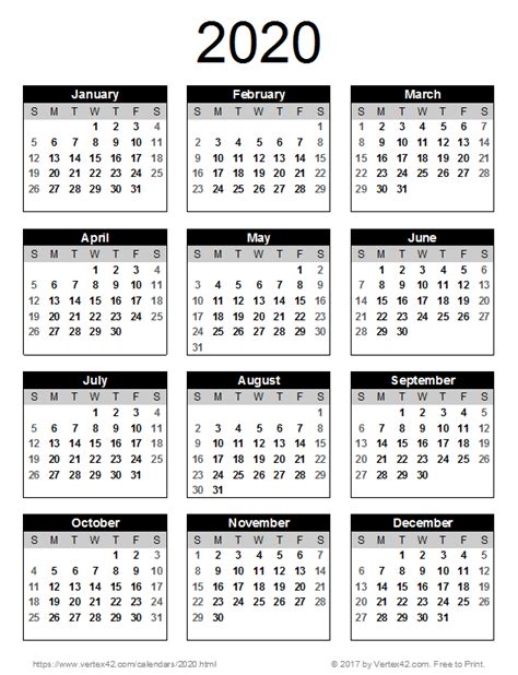 Yearly Calendar For 2020