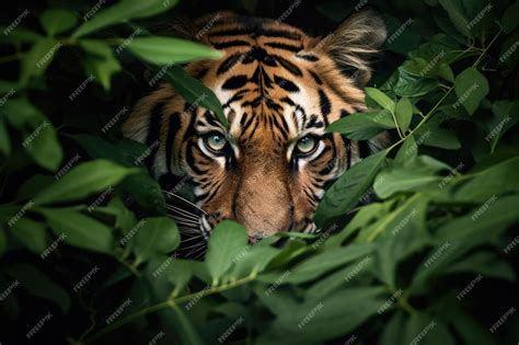 Premium Ai Image A Tiger Peeking Through Leaves