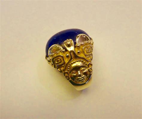 Lapis Lazuli Aztec Design Norah Pierson Gold Ring At 1stdibs Norah