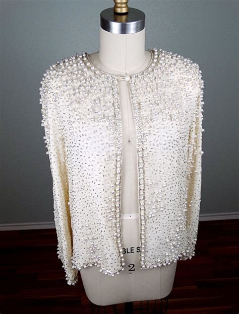 Vintage Pearl Beaded Sequin Jacket Heavily Ivory White Beaded Silk