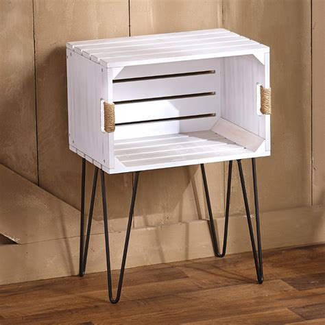 Rustic Wooden Crate White End Table With Jute Wrapped Handles