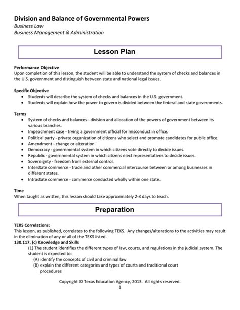 Division And Balance Of Governmental Powers Lesson Plan Lesson Plan