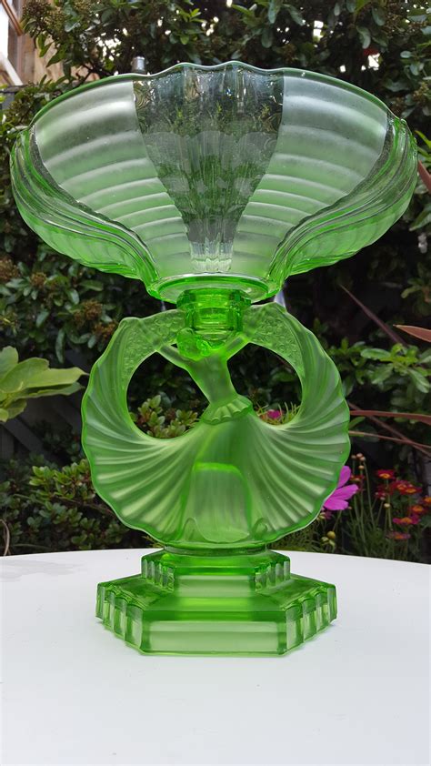 Art Deco Uranium Green Dancing Lady Comport Glass Garden Art Art