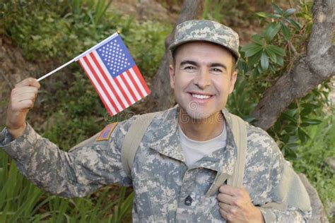 Proud Us Army Soldier Waving The American Flag Stock Photo Image Of